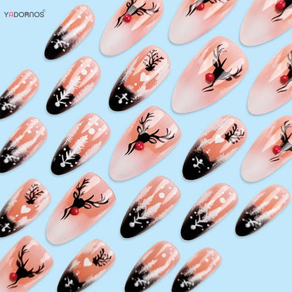 24Pcs Christmas Fake Nails Reindeer Printed Short Almond Press On Nails Black/White French Reusable False Nails DIY Manicure