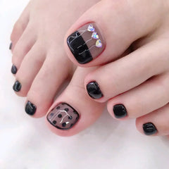 24Pcs Short Square Head Fake Nails Press on Black Edge French False Toenail Rhinestone Detachable Finished Full Cover Nails Tips