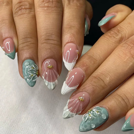 24Pcs 3D Shell Pattern Press on False Nails with Green Camellia Design Short Round Head Wearable Almond French Fake Nail Set