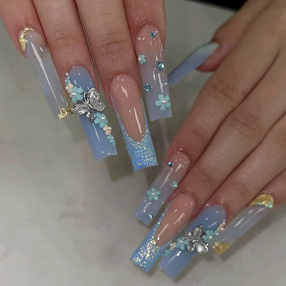24pcs/set Long Medium short fake nails for women girls cute bow flowers decoration french tips faux ongles press on false nail