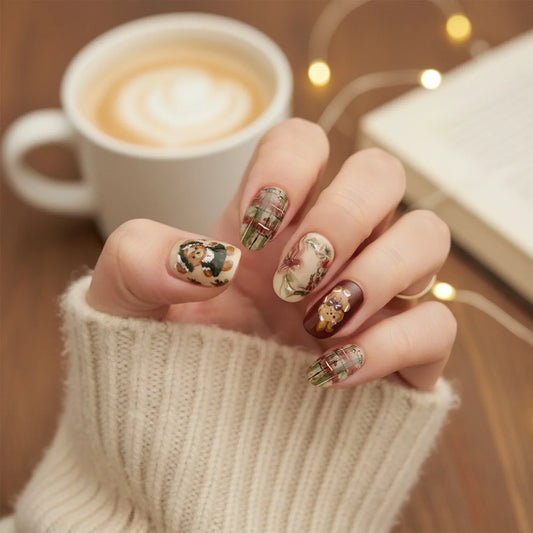 Short Oval Shaped Fake Nails Cartoon Bear/Snowman/Xmas Tree Printed Autumn Press On Nails Christmas Party False Nails 24Pcs