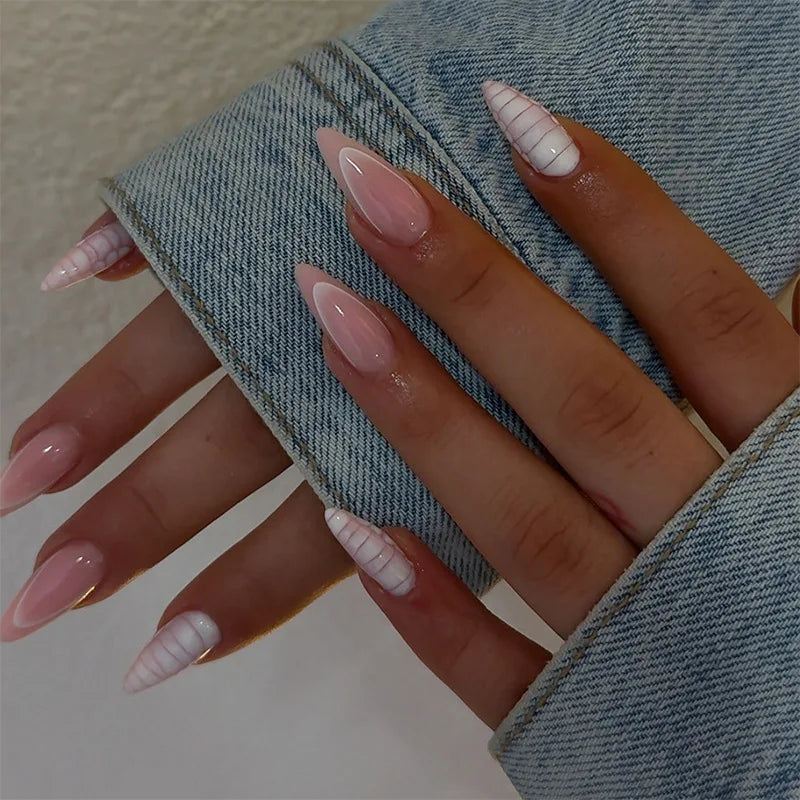 24Pcs Mid-length Blue Almond False Nails with 3D Shell Design Press on Nails Tips Butterfly Flower Pattern Datachable Fake Nail