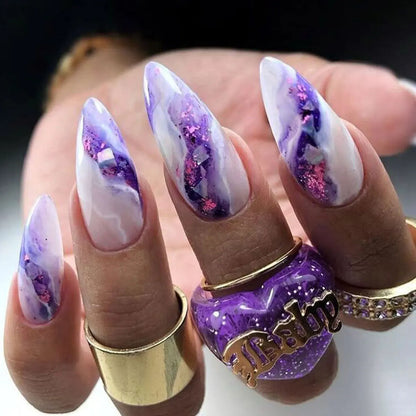 24Pcs Mid-length Almond Fake Nail with Blue Stripe Smudge Design Press on Nails for Woman Datachable Full Cover False Nails Tips