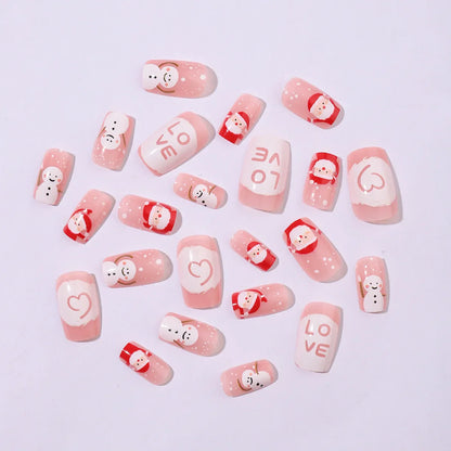 Cartoon Santas/Snowman Christmas Fake Nails 24Pcs Short Square Nude Pink Press On Nails Love Printed New Year Party Nails Art