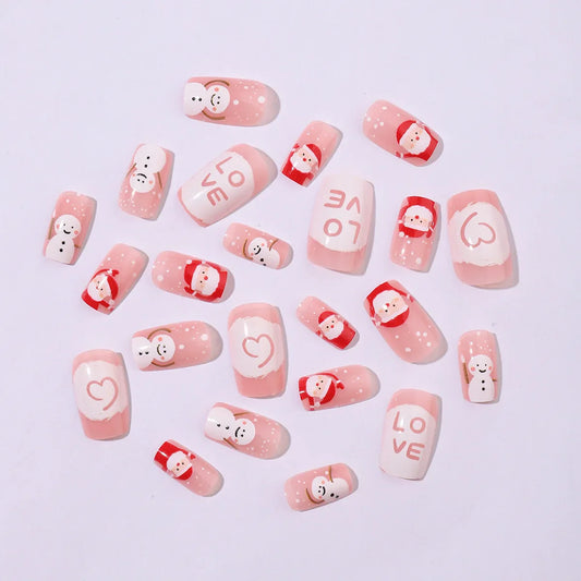 Cartoon Santas/Snowman Christmas Fake Nails 24Pcs Short Square Nude Pink Press On Nails Love Printed New Year Party Nails Art