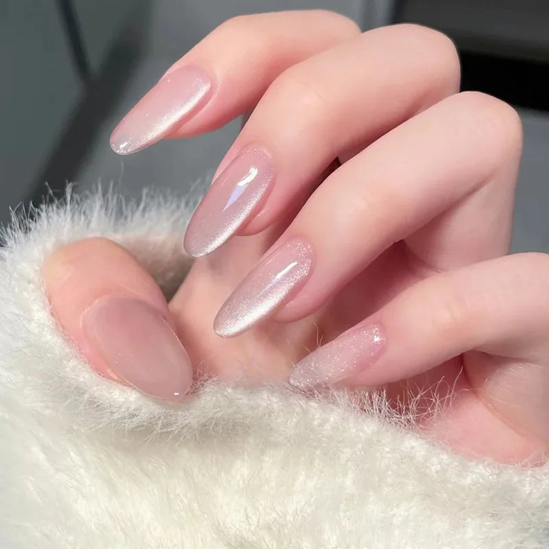 24Pcs Mid-length Almond Fake Nail with White Gradient Design Press on False Nails Round Head Wearable Full Cover Nails Tips Art