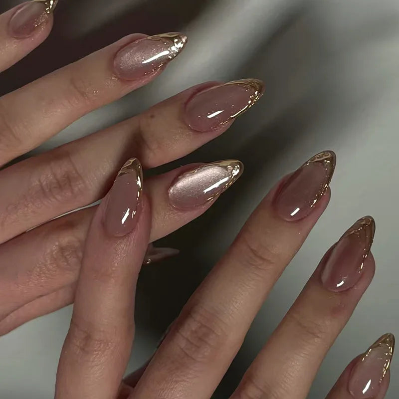 24Pcs Nude Pink Almond Fake Nails with Golden Lines Design Long Round Head Press on False Nails Wearable Full Cover Nail Tips