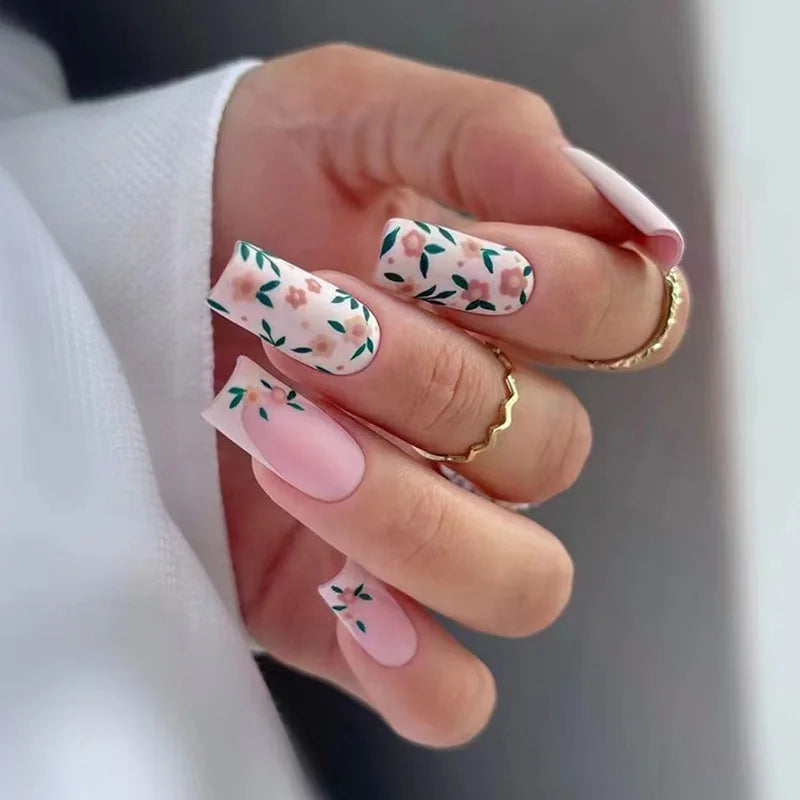 24pcs/set medium long fake nails for Spring summer season beautiful peach flowers butterfly design press on false nail art tips