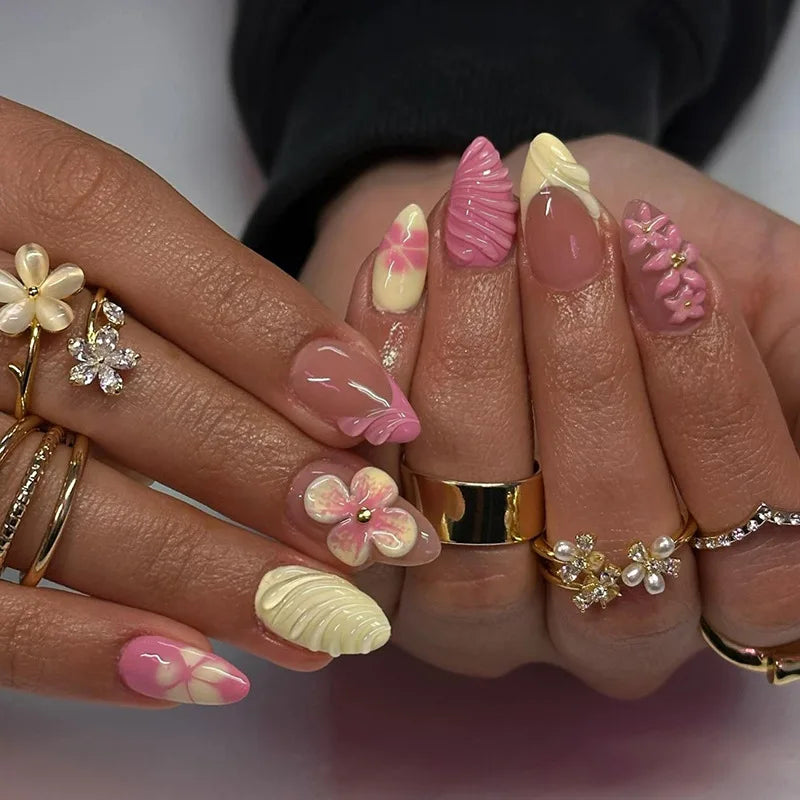 24pcs/set Medium fake nails for women girls 3D embossed flowers butterfly shell designs Summer almond tips press on false nail