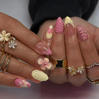 24pcs/set Medium fake nails for women girls 3D embossed flowers butterfly shell designs Summer almond tips press on false nail