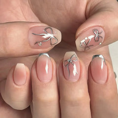 24Pcs Cat's Eye Leopard Print Gradient Fake Nails Mid-length Ballet Press on False Nails 3D Bow Detachable Full Cover Nails Tips