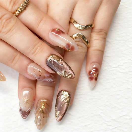 24Pcs Brown Cat's Eye French Full Cover Nail Tip Golden Flower Smudge Press on Fake Nails Mid-length Almond Reusable False Nails