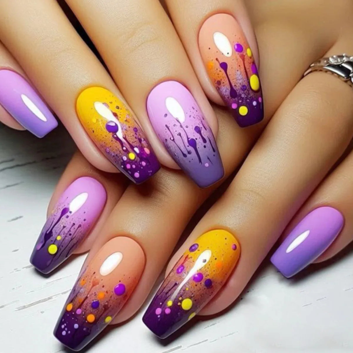 24pcs/set Medium long fake nails for women girls Y2K gradient purple blue yellow green square almond tips press on false nails