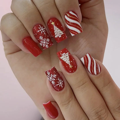 24Pcs Short Square Fake Nails Red French Press On Nails Snowflake/Striped Printed Women Girls Christmas Party False Nails