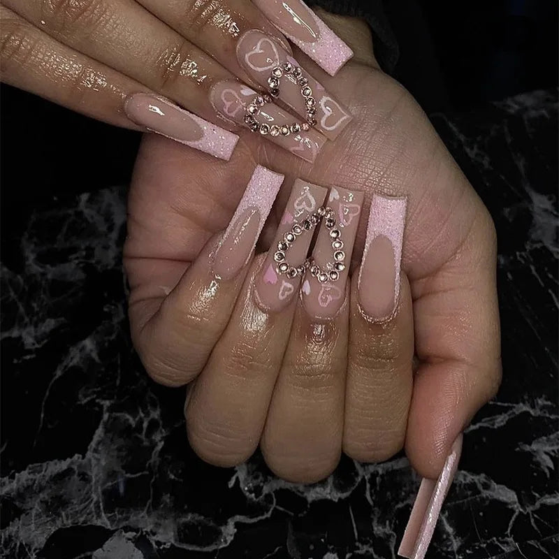 24Pcs Wearable False Nails with Rhinestone Long Square Press on Nails French Pink Flower 3D Bow Design Fake Nail Manicure Tips