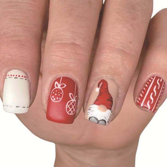 Red/White Short Square Fake Nails 24Pcs Christmas Press On Nails Santas/Candy Printed Full Cover Stick-on False Nails Patches