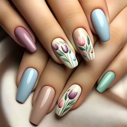 24pcs/set medium long fake nails for Spring summer season beautiful peach flowers butterfly design press on false nail art tips
