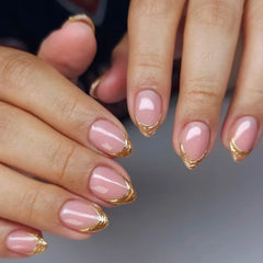 24Pcs 3D Golden French False Nails with Glue Wearable Round Head Press on Fake Nails Tips Almond Reusable Manicure for Women