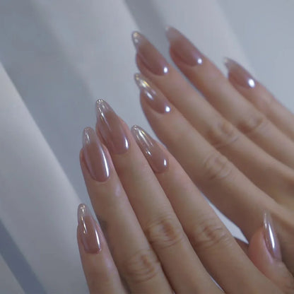 24Pcs Mid-length Almond Fake Nail with White Gradient Design Press on False Nails Round Head Wearable Full Cover Nails Tips Art