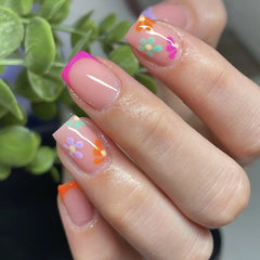 24Pcs Glossy Short Square Head Press on False Nails with Glue Acrylic Colorful Fake Nail Reusable Full Cover Manicure Nail Tips