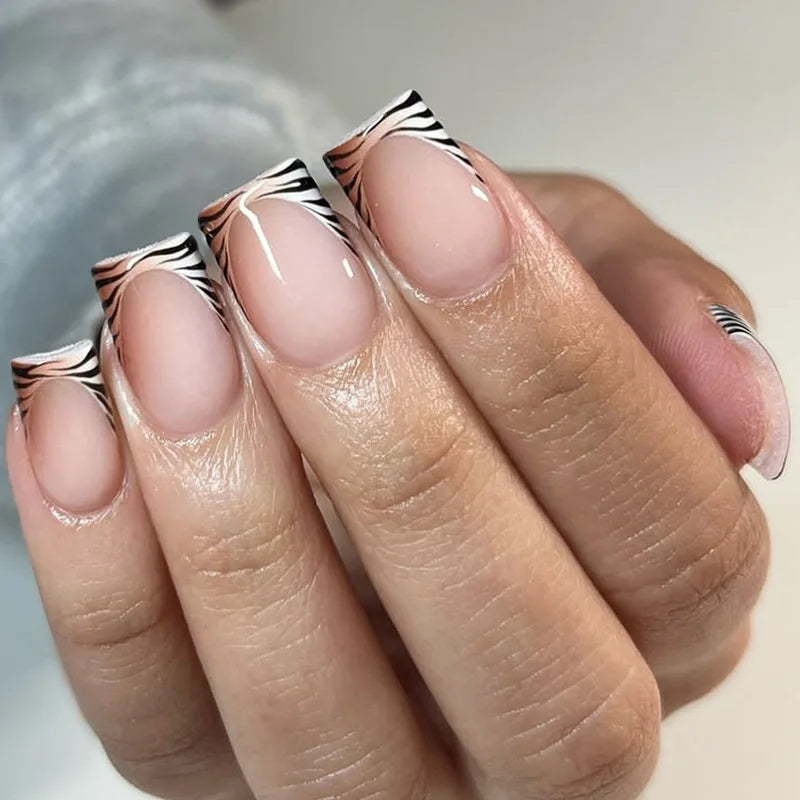 24Pcs Short Square False Nails French 3D Bow Design Wearable Full Cover Nail Tip Glitter Edge Artificial Press on Fake Nails Art