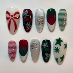 Christmas Almond Press On Nails, 24Pcs Full Cover Fake Nails Bowknot/Star/Snowflake Printed Wearable False Nails Diamond Decor