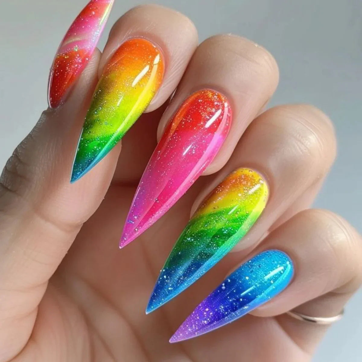24pcs/set Medium long fake nails for women girls Y2K gradient purple blue yellow green square almond tips press on false nails