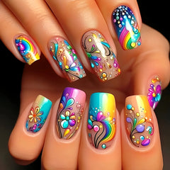 24pcs/set medium long fake nails for Spring summer season beautiful peach flowers butterfly design press on false nail art tips