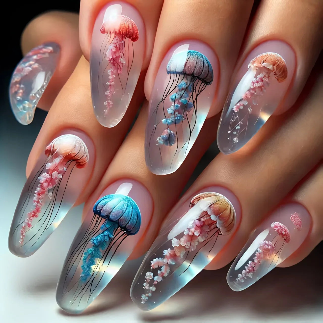 24Pcs Mid-length Almond Fake Nail with Blue Stripe Smudge Design Press on Nails for Woman Datachable Full Cover False Nails Tips