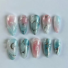 24Pcs Mid-length Almond False Nails Press on 3D Butterfly Pearl Bow Design Fake Nails Rhinestone Wearable Full Cover Nails Tips