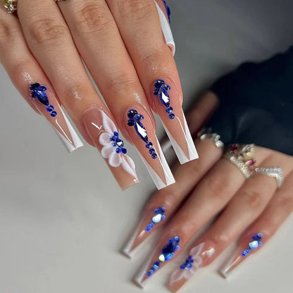 24Pcs Long Ballet False Nails with Butterfly Rhinestone Design Coffin French Fake Nails Purple Press on Nails Wearable Nail Art