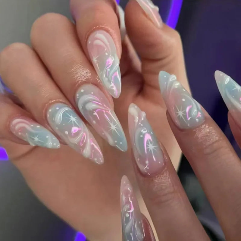 24Pcs Mid-length Almond False Nails Press on 3D Butterfly Pearl Bow Design Fake Nails Rhinestone Wearable Full Cover Nails Tips