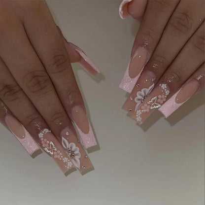 24Pcs Long Ballet False Nails with Butterfly Rhinestone Design Coffin French Fake Nails Purple Press on Nails Wearable Nail Art