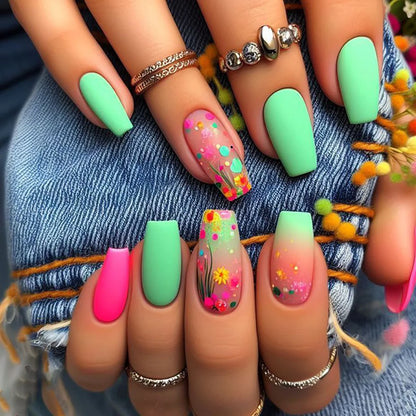 24pcs/set Short Medium long fake nails for women girls Spring summer flowers butterfly flamingo blue pink press on false nails