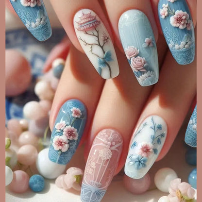 24pcs/set short medium long fake nails Spring flowers flora for St. Patrick's Day faux ongles press on acrylic false nail art