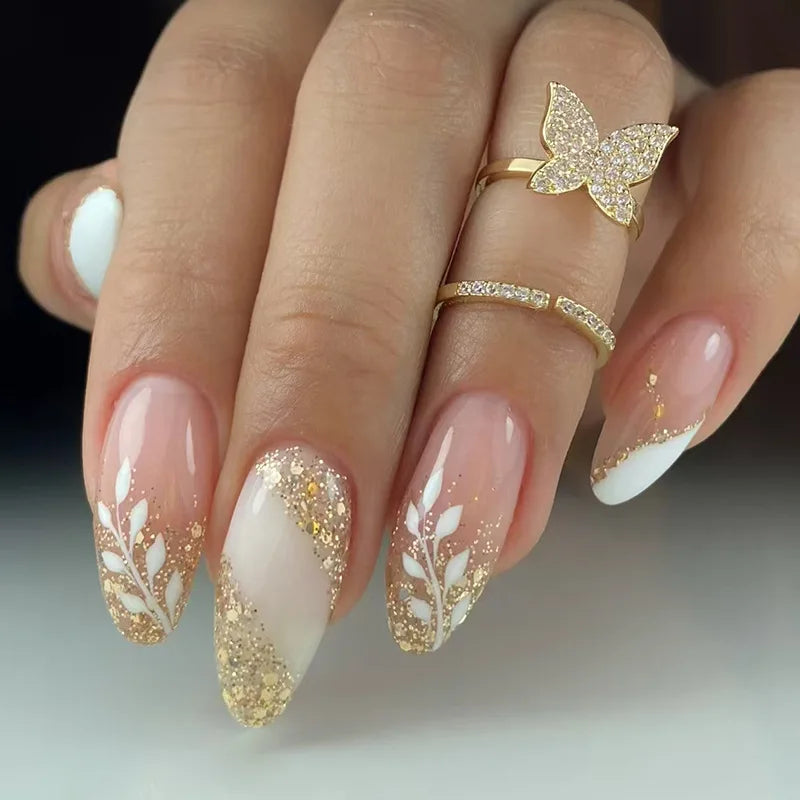 24Pcs Green Cat's Eye Design Press on False Nails with Flower Pattern Short Almond Round Head Nails Set Tips Wearable Fake Nail