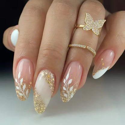 24Pcs Green Cat's Eye Design Press on False Nails with Flower Pattern Short Almond Round Head Nails Set Tips Wearable Fake Nail