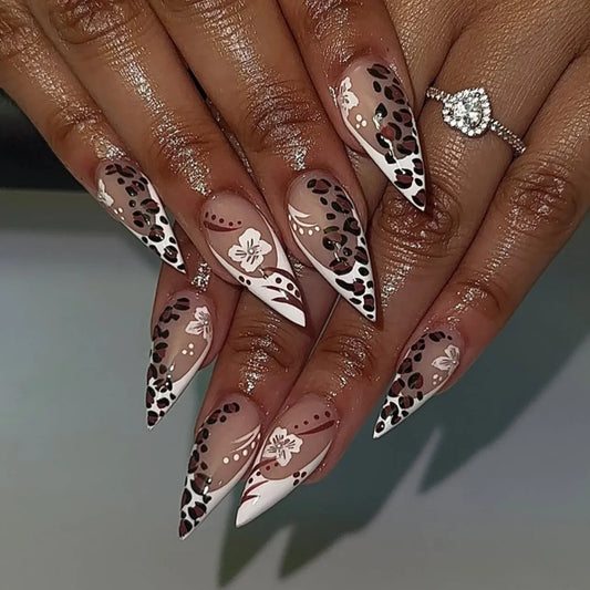 24Pcs White French Fake Nail Tips with Leopard Print Design Long Stiletto Press on False Nails Flower Wearable Almond Manicure
