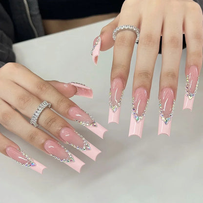 24Pcs Long Square Head French Fake Nails Press on 3D Bow Pearl with Design Full Cover Nails Tips Reusable Artificial False Nails