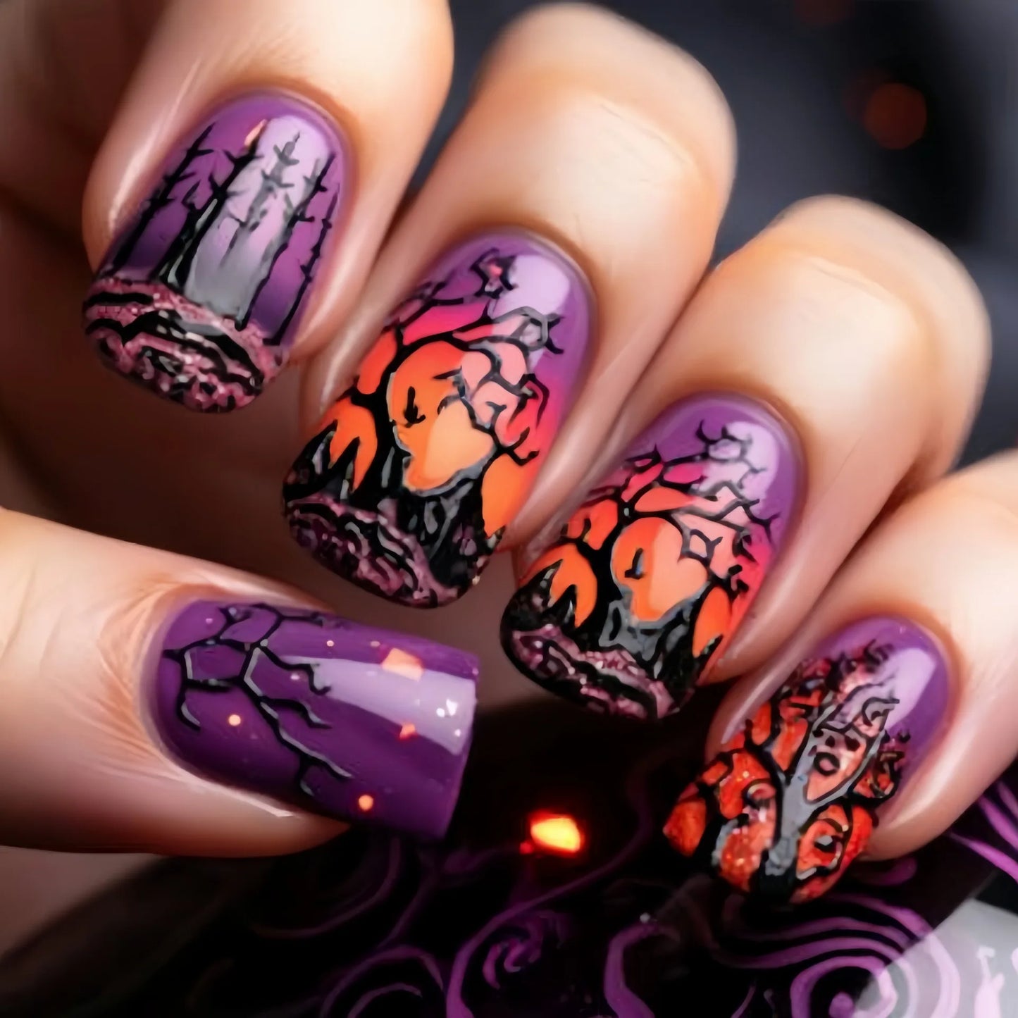 24pcs/set Short Medium fake nails for Halloween party Dead trees and crows bat Night sky Square almond tips press on false nail
