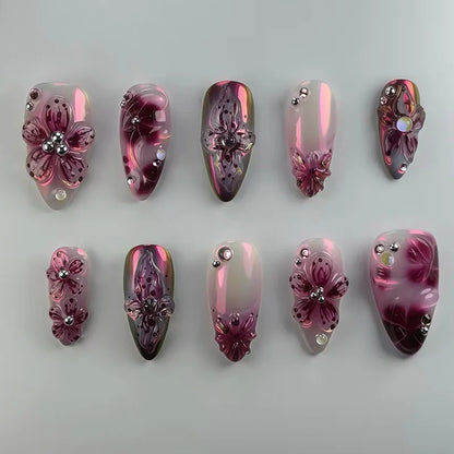 24Pcs Mid-length Blue Almond False Nails with 3D Shell Design Press on Nails Tips Butterfly Flower Pattern Datachable Fake Nail