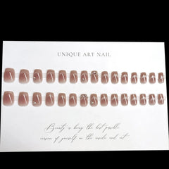 30Pcs Glossy Cat's Eyes Fake Nails Short Ballet Press On Nails Shiny Diamond Decor Sweet Girls Charm Manicure Nails Supplies