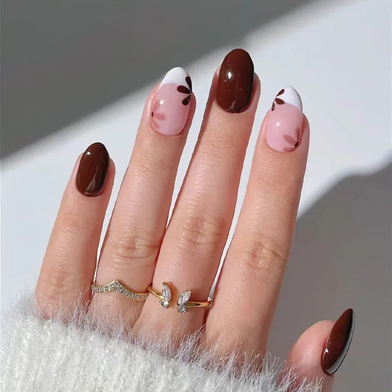 24Pcs Gradient Pink Nails Set Press on Cute French Press on False Nails Flower Design Wearable Almond Full Cover Fake Nail Tips