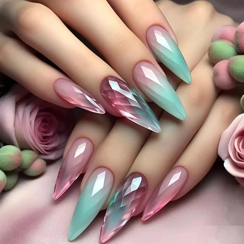 24Pcs Mid-length Almond Fake Nail with Blue Stripe Smudge Design Press on Nails for Woman Datachable Full Cover False Nails Tips