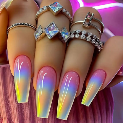 24pcs/set Medium long fake nails for women girls Y2K gradient purple blue yellow green square almond tips press on false nails