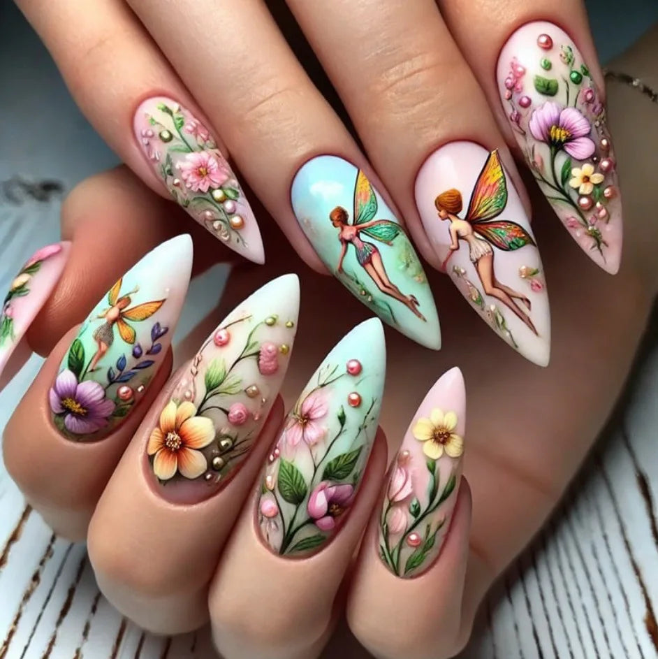 24Pcs Mid-length Almond Fake Nail with Blue Stripe Smudge Design Press on Nails for Woman Datachable Full Cover False Nails Tips