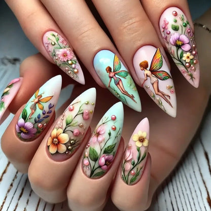 24Pcs Mid-length Almond Fake Nail with Blue Stripe Smudge Design Press on Nails for Woman Datachable Full Cover False Nails Tips