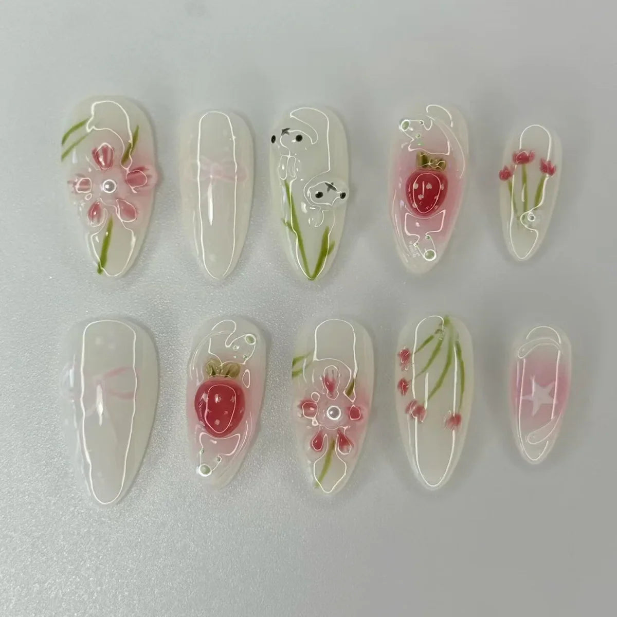24Pcs Green Oval False Nails with Strawberry Design Wearable Mid-length Almond Press on Fake Nails Rabbit Pattern Nail Art Tip