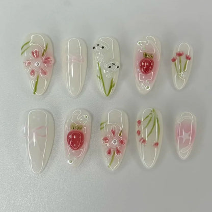 24Pcs Green Oval False Nails with Strawberry Design Wearable Mid-length Almond Press on Fake Nails Rabbit Pattern Nail Art Tip
