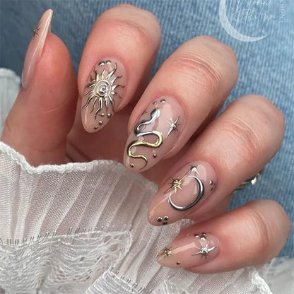 24Pcs Short Almond Nails Set Press on Simple Shell Starfish Design False Nails Detachable Artificial Full Cover Fake Nails Tips